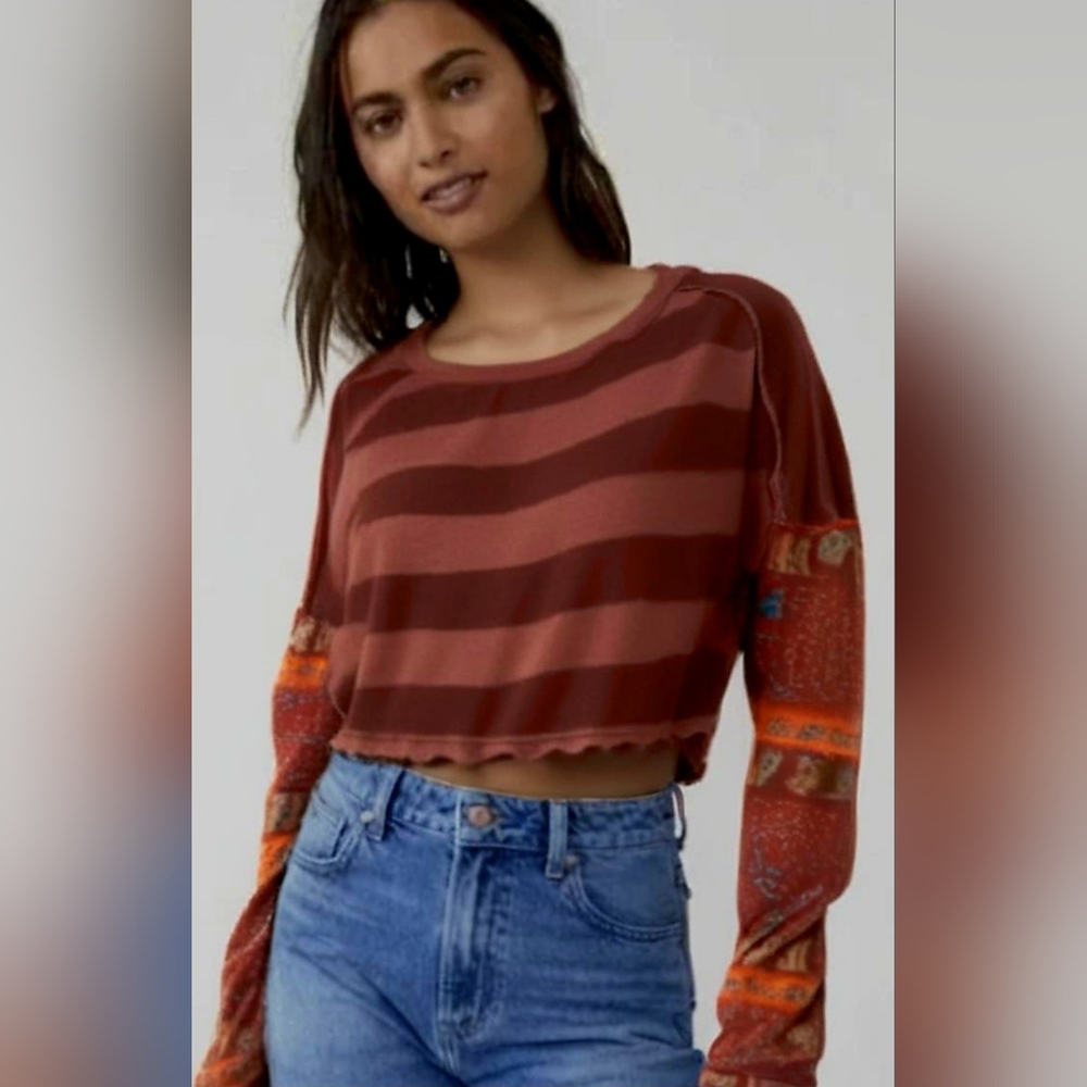 Free People We The Free Jamie Striped   Crop Top With Paisley Sleeves